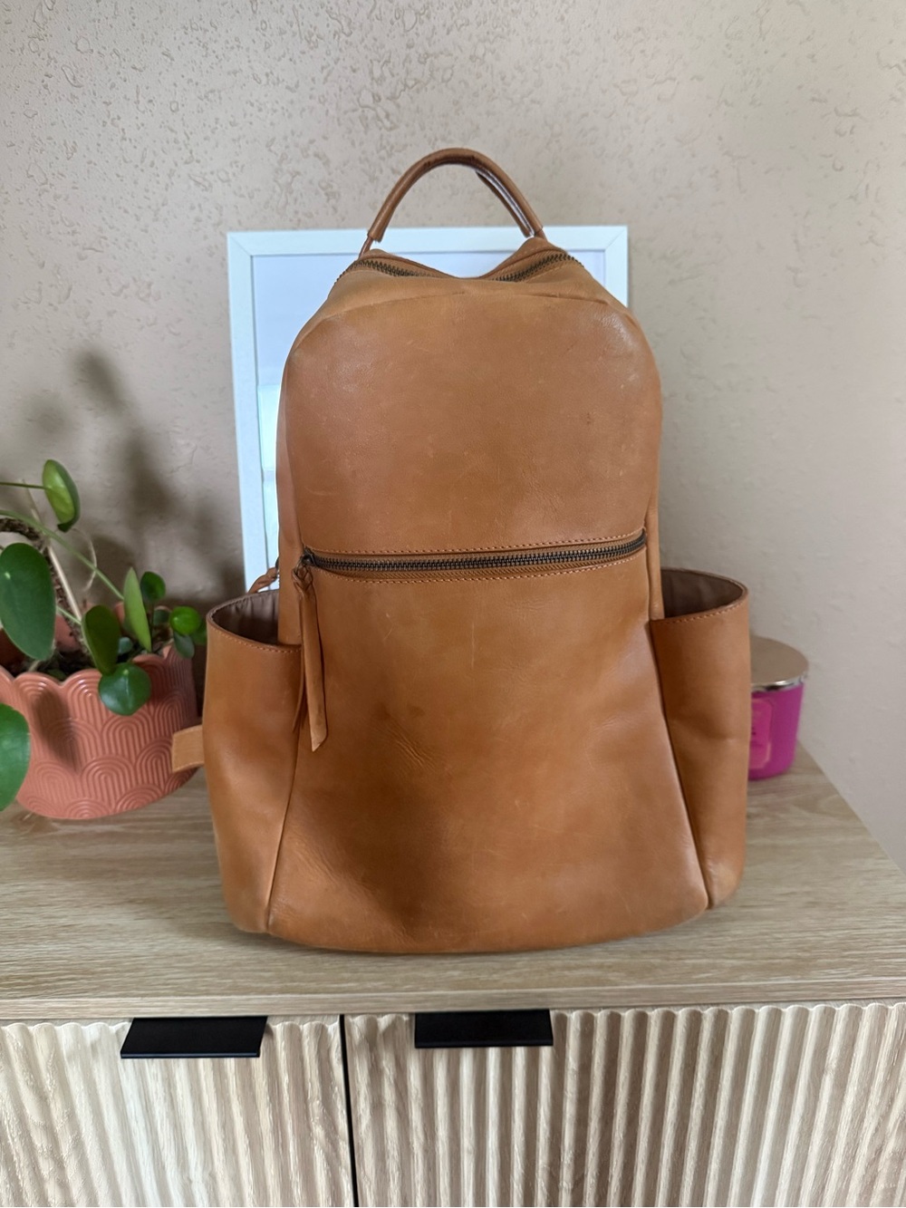 Able Tan Leather Backpack with Side Pockets